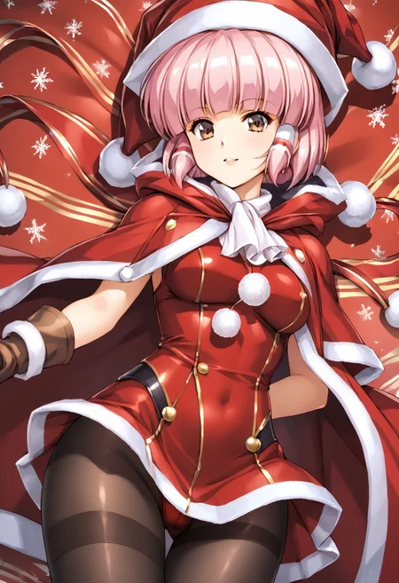 score 9, score 8 up, score 7 up, rating questionable, detailed background,  diana silverneil, gloves, hat,  red coatsanta, medium breasts, wide hips, pink hair, brown eyes, thighband pantyhose, pantyhose, hood, christmas, brown gloves, pom pom clothes, hair tubes, fur trim, black pantyhose, red leotard, red dress