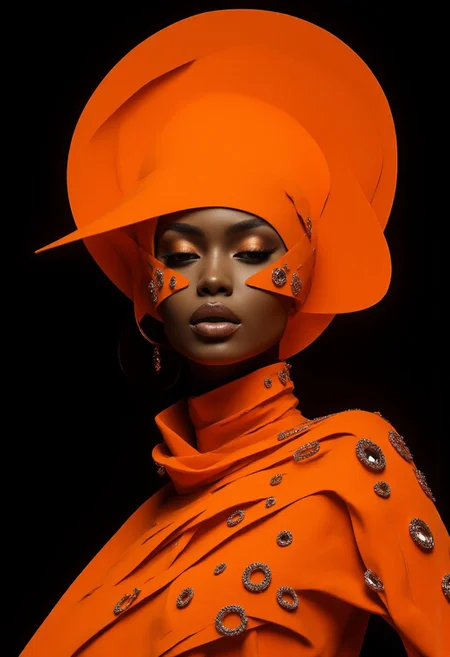 A photorealistic still By Tom Nulens of a dramatic portrait featuring a woman with radiant orange skin, her luminous complexion complemented by a futuristic high-neck, turtleneck gown in a bold, matching orange hue. The sleek, avant-garde design of the gown exudes modern sophistication, with smooth, flowing lines that enhance her graceful presence. Her long, flowing hair cascades around her face and shoulders, adorned with a dazzling array of sparkling, diamond-like beads that shimmer under soft, radiant lighting. Her eyes are gently closed, framed by long, lush lashes and accented with intricate gold eyeliner, adding a touch of opulence. Her bold, vivid red lips create a striking contrast against her glowing skin and monochromatic attire. The background is a deep, solid black, ensuring her vibrant features and shimmering accessories stand out starkly. The high-contrast lighting emphasizes the textures and futuristic elegance of her gown, while the cascading beads and the fluid grace of her hair add movement and ethereal charm. This composition seamlessly blends luxury, modernity, and artistic flair.