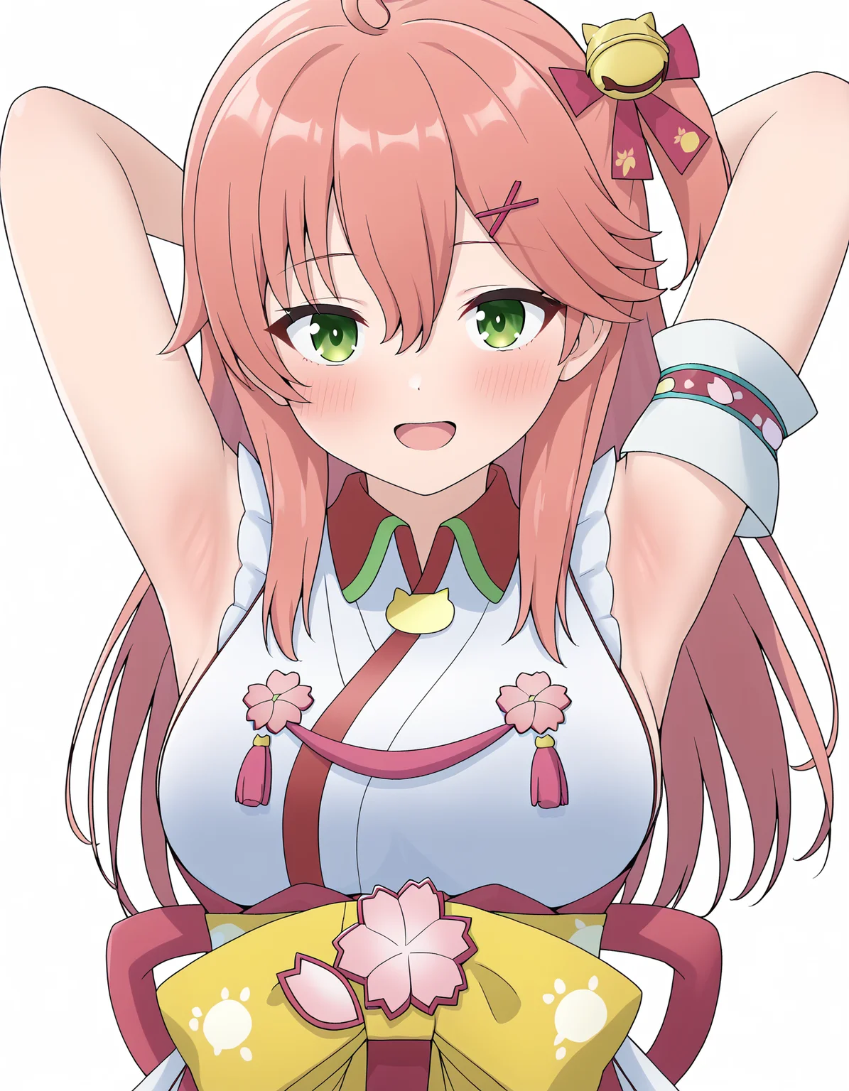 sakura miko,sakura miko \(1st costume\),hololive,1girl ,ahoge ,armpits ,arms behind head ,blush ,breasts ,green eyes ,hair between eyes ,hair ornament ,hairclip ,long hair ,looking at viewer ,open mouth ,<lora:miko:1>