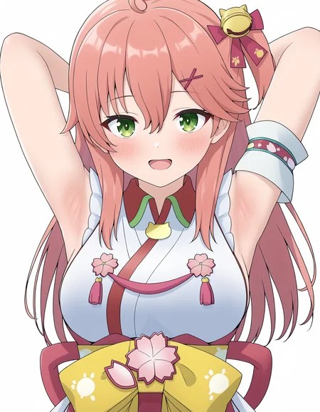 sakura miko,sakura miko \(1st costume\),hololive,1girl ,ahoge ,armpits ,arms behind head ,blush ,breasts ,green eyes ,hair between eyes ,hair ornament ,hairclip ,long hair ,looking at viewer ,open mouth ,<lora:miko:1>