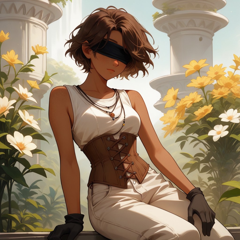 Score_9, Score_8_up, Score_7_up, (masterpiece), best quality, perfect face, perfect anatomy, anime girl, slim, medium breasts, hourglass shape, brown hair, short hair, dark skin and freckles, beautiful and trained bodysuit, white sleeveless shirt, brown corset that highlights her breasts and small waist, loose pants with openings on the sides, without shoes and with long black gloves that reach to her elbows, hippie aura, peaceful , blindfolded <lora: Concept_Masked_Lady:0.7>,