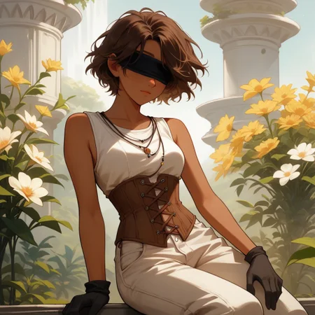 Score_9, Score_8_up, Score_7_up, (masterpiece), best quality, perfect face, perfect anatomy, anime girl, slim, medium breasts, hourglass shape, brown hair, short hair, dark skin and freckles, beautiful and trained bodysuit, white sleeveless shirt, brown corset that highlights her breasts and small waist, loose pants with openings on the sides, without shoes and with long black gloves that reach to her elbows, hippie aura, peaceful , blindfolded <lora: Concept_Masked_Lady:0.7>,