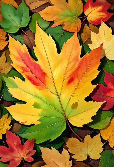 masterpiece, ultra HD, ultra detailed, ultra realist, hyperkraximalism, midjourneyv6.1, a pile of autumns color leaves, leaf, many leaves,green_leaf, autumn_leaf, yellow_leaf, orange_leaf, red_leaf, brown_leaf, light_effect