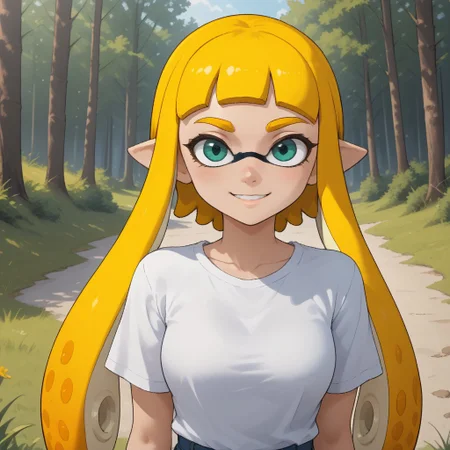 score_9, score_8, BREAK, solo, ssplatoon, inkling, female inkling, 1girl, tentacle hair, yellow hair, dark green eyes, cute, yellow eyebrows, white shirt, blue jeans, blue shoes, breasts, Bianca_(\OC_Inkling\), sexy pose, self portrait, smile, outdoors, sunlight, shadows, evening lighting, natural lighting, forest, trees, grass, orange sky, sunset
