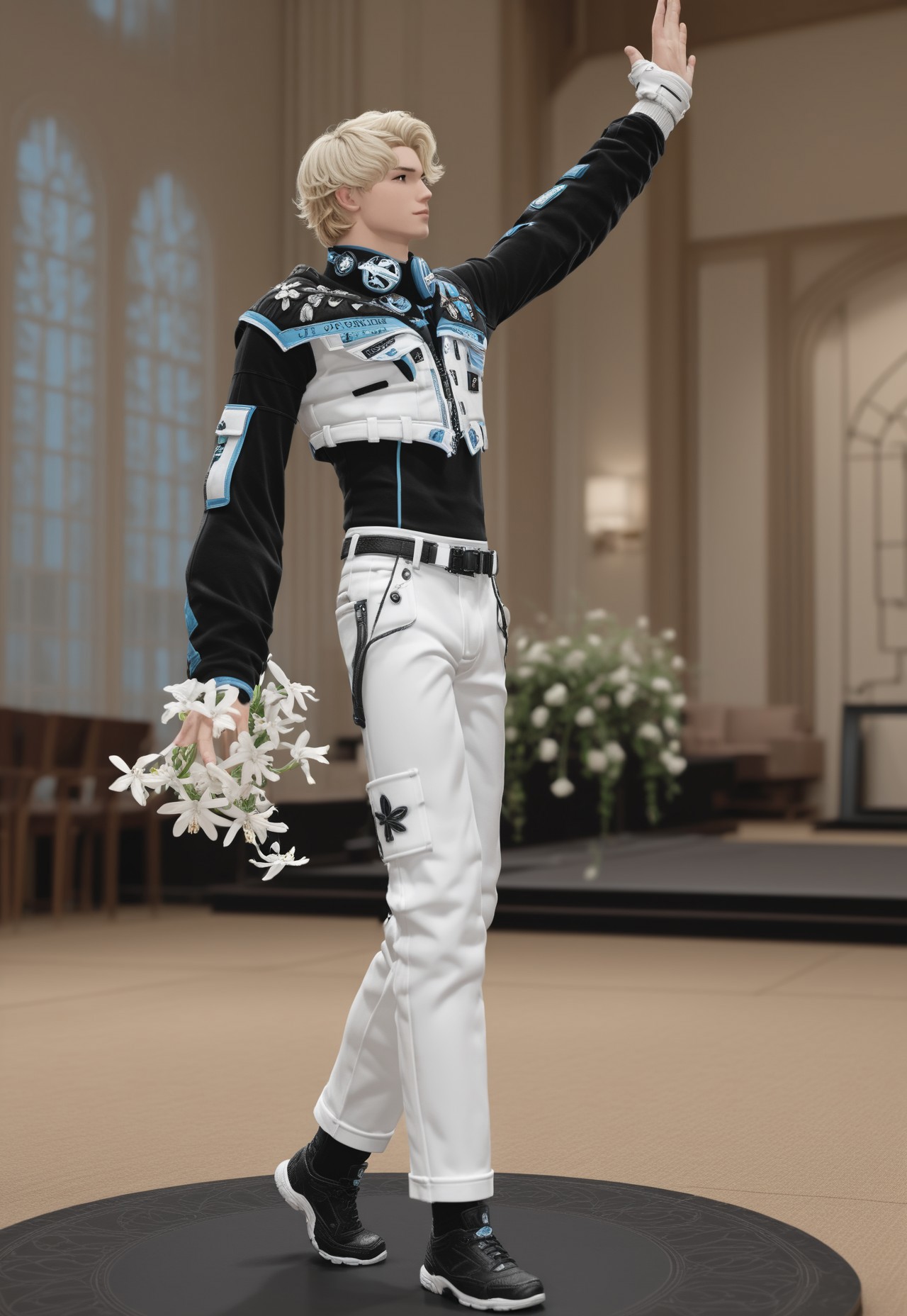 masterpiece, best quality, V4NGU4RD, gloves, solo, 1boy, male focus, blonde hair, black gloves, flower, pants, jacket, indoors, white pants, feet out of frame, short hair, profile, hand up, standing, white flower, long sleeves, from side, Vanguard Bolero, Vanguard Bolero of Scouting, hair ornament