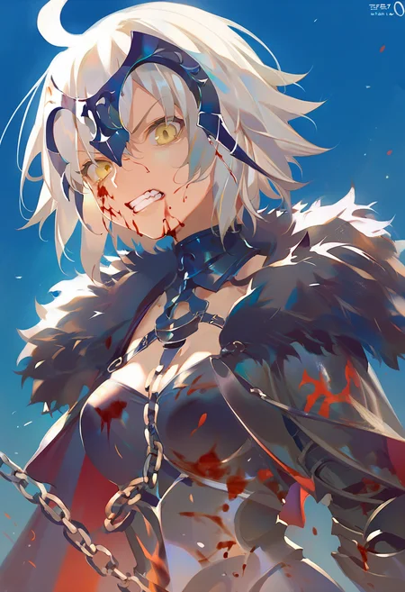 score_9, score_8_up, score_7_up, score_6_up <lora:reiXL_AutC_lokr_V43P1:0.95> 1girl, jeanne d'arc alter \(fate\), jeanne d'arc alter \(avenger\) \(fate\), solo, yellow eyes, headpiece, blood, teeth, chain, blood on face, armor, blue background, short hair, looking at viewer, fur trim, clenched teeth, grey hair, simple background, upper body, white hair, ahoge