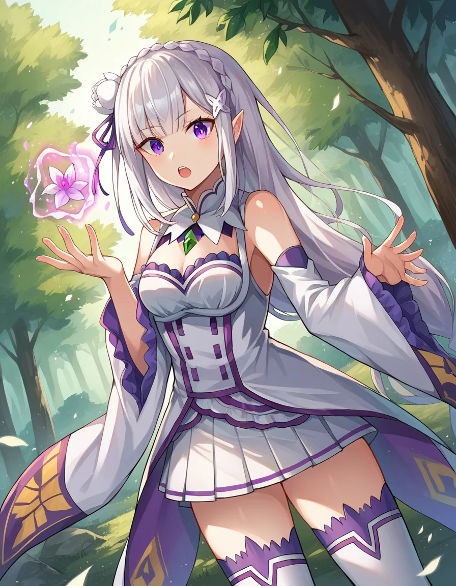 score_9, score_8_up, score_7_up, source_anime,
rezeroemilia, <lora:rezero-emilia-ponyxl-lora-nochekaiser:1>,
emilia, braid, crown braid, flower, hair flower, hair ornament, hair ribbon, long hair, pointy ears, purple eyes, white hair, x hair ornament,
detached collar, detached sleeves, frilled sleeves, frills, long sleeves, miniskirt, pleated skirt, ribbon, skirt, thighhighs, white skirt, white sleeves, white thighhighs, wide sleeves, zettai ryouiki,
outdoors, forest, nature, village, magic, fighting stance, ice, ice magic, open mouth,
looking at viewer, dutch angle, cowboy shot,