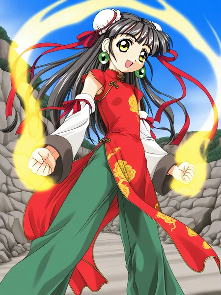 general,highres, ultra-detailed,very aesthetic,best quality ,best hands, BREAK <lora:Kounyan_Spiral_NAMI_IS:1>Kounyan, black hair, long hair, double bun, hair bun, bun cover, yellow eyes, ribbon, earrings, flat chest, green jewelry,
1girl, solo, chinese clothes, china dress, red dress, open mouth, long hair, smile, detached sleeves, green pants,
rocky place, blue sky, aura, aura effect,