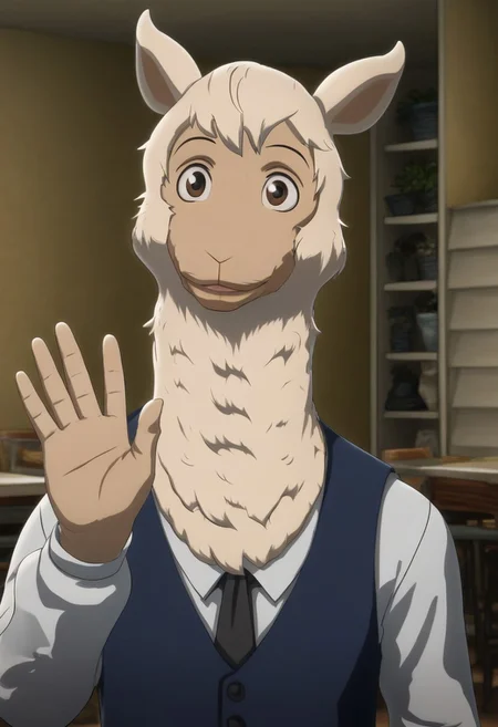 score_9_up, score_8_up, score_7_up, masterpiece, best quality, amazing quality, very aesthetic, absurdres, newest, high quality, detailed, male, solo male, Tem, 1boy, mature male, male, anthro, alpaca, animal ears, brown eyes, light skin, white wool, white long sleeve shirt, blue vest, striped grey pants, standing, half body, indoors, cafeteria, looking at viewer, smiling, one hand raised, waving, greeting