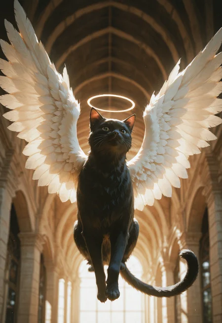 masterpiece, ultra-HD, cinematic lighting, photorealistic, impressionism (1.5), high detail, depth of field, Black cat with large angel wings, halo, background of heaven