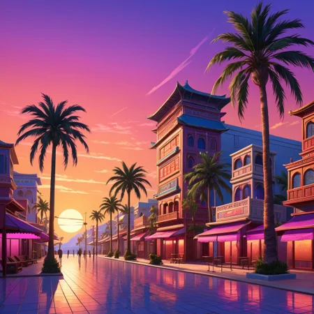 synthworld, oriental town square, palm trees, sunset