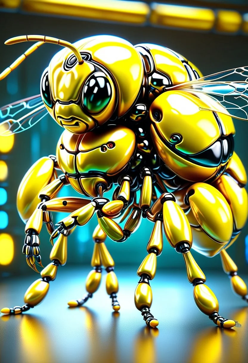 robot, Jed-Rbmls, faceless, mouthless, holding bumblebee, insect caretaker, nuturing, mechanical arms, robot antennae, glowing yellow eyes, shiny metallic body, ais-metalz, (holding soft fuzzy bee, bumblebee wings),close-up, sci-fi background, dim neon lights, dramatic theme, scary environment, 3d render, photorealistic, high detail, 
BREAK
 black and yellow insect, fuzzy bee, science fiction, cybernetics, macro photography, contrast organic and mechanical,