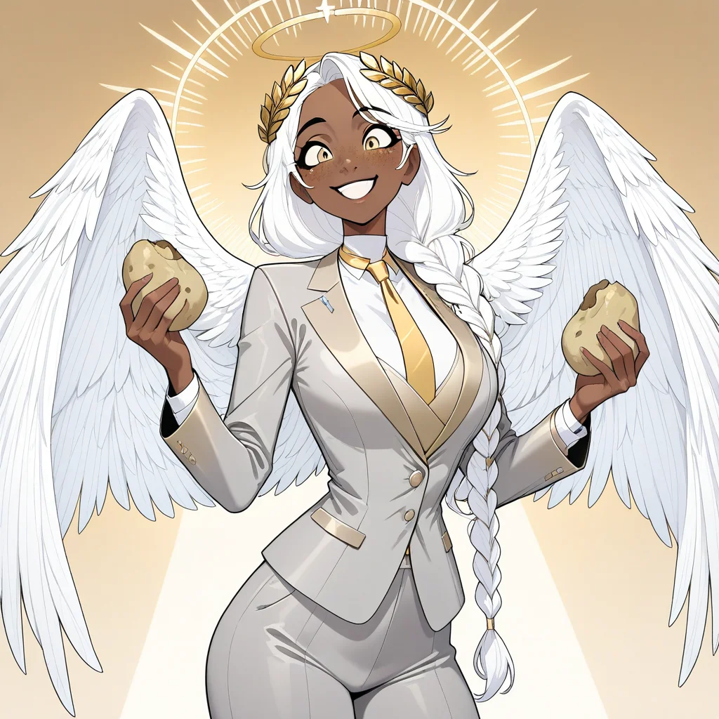 masterpiece, best quality, newest, absurdres, highres, GABV2.0, 1girl, dark skin, dark-skinned female, grey suit, official attire, official clothes, nectie, yellow necktie, white hair, long hair, braid, single braid, angel, angel girl, halo, wings, angel wings, golden eyes, laurel crown, freckles, smile, holding potato, potato, vegetable, food,