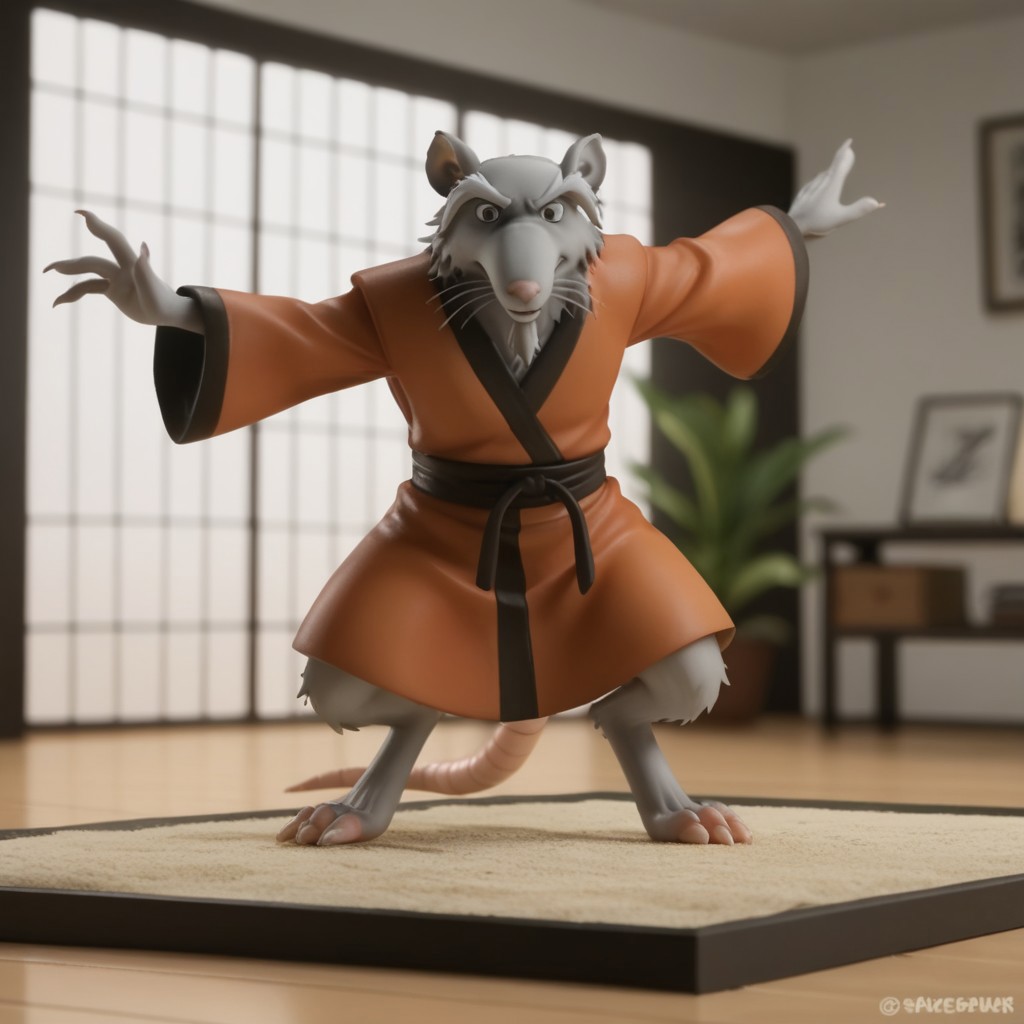score_9, score_8_up, score_7_up, score_6_up, score_5_up, score_4_up, source_furry, Splinter03v2, semi-anthro, male, rat, grey fur, brown eyes, rat tail, red-orange kimono, inside, standing on one leg, front view, outstretched arms