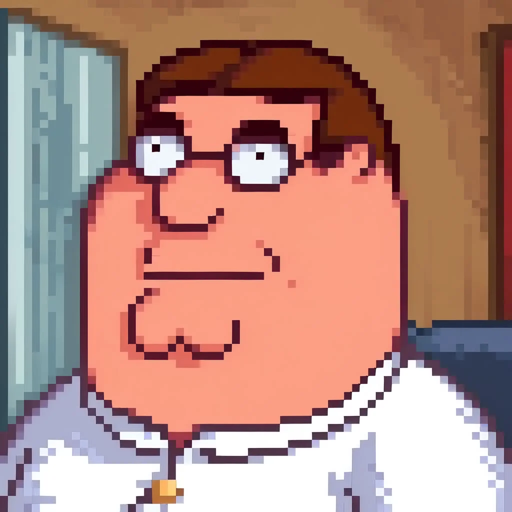 Score_9_up, score_8_up, score_7_up, portrait, stardewxl, petergriffin, fat, white shirt, glasses, brown hair, living room background