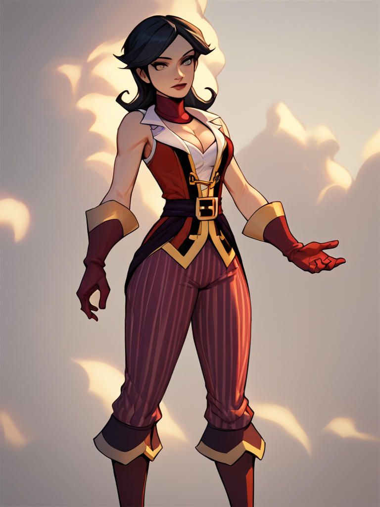 score_7_up, score_8_up, score_9, masterpiece, (1girl, solo,)perfect face, perfect hands, high quality, source_anime, <lora:Morgan_LeFlay_-_Tales_of_Monkey_Island:1>Morgan_LeFlay, black hair, cleavage, red jacket, sleeveless, striped pants, high heel boots, large breasts,