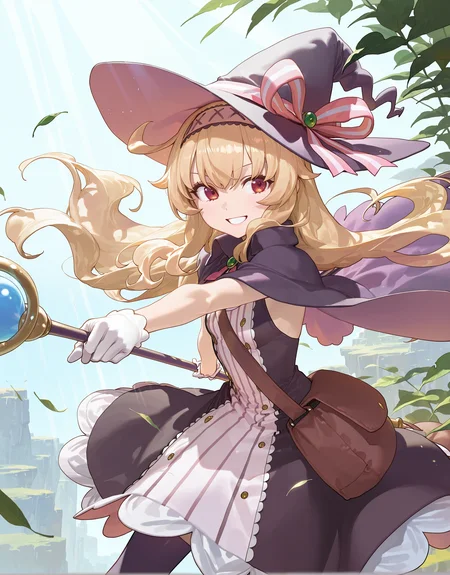 1girl, nobeta \(main\), witch hat, 
grin, pose, wind, holding staff, leaf, sunlight, dynamic pose, 
[scenery:4],
modare, ask \(askzy\), 
masterpiece, very awa 
<lora:char_nobeta-ill-rls:1>