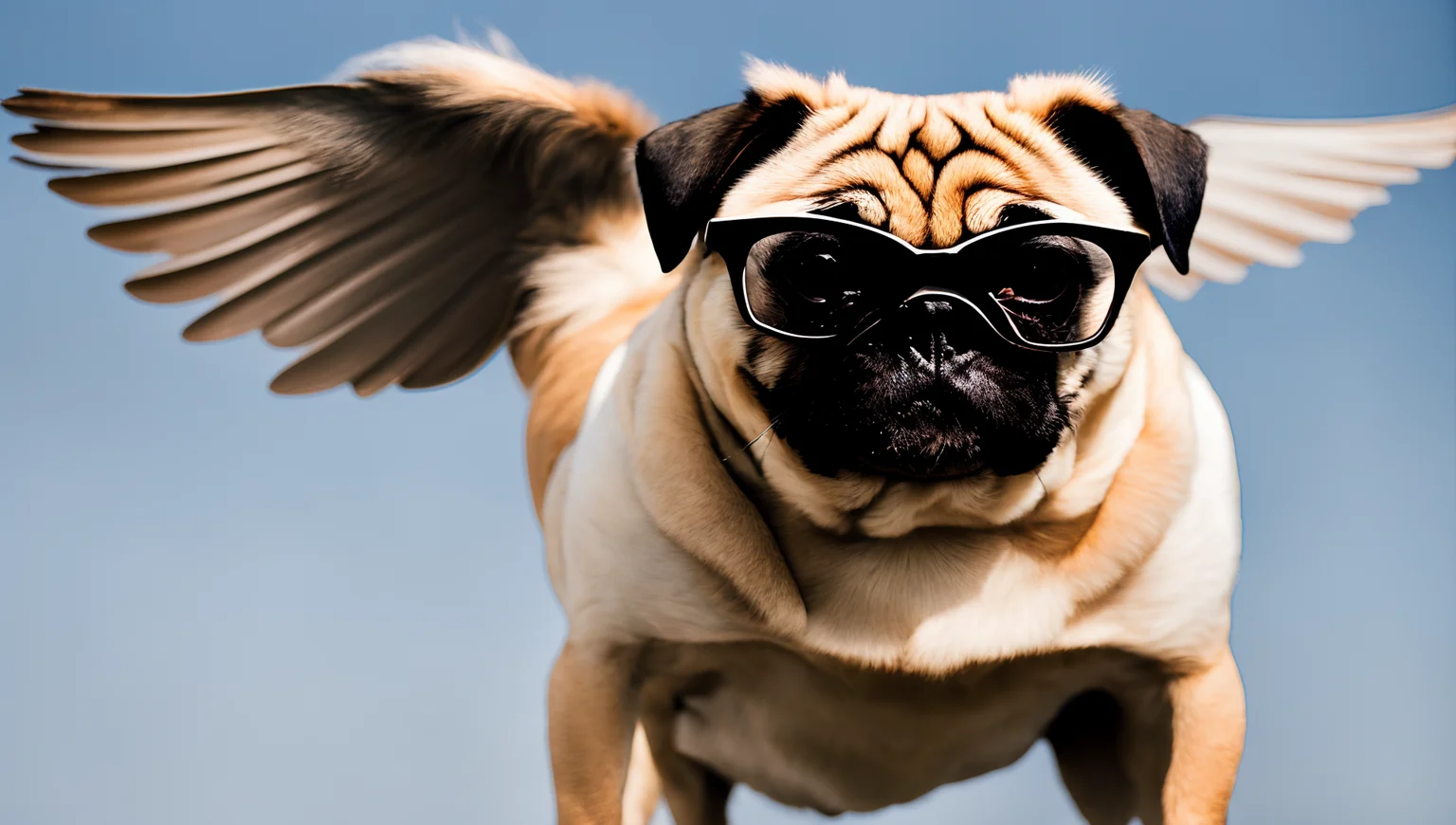 2 photo of (Pug with wings:1) wearing black sunglasses