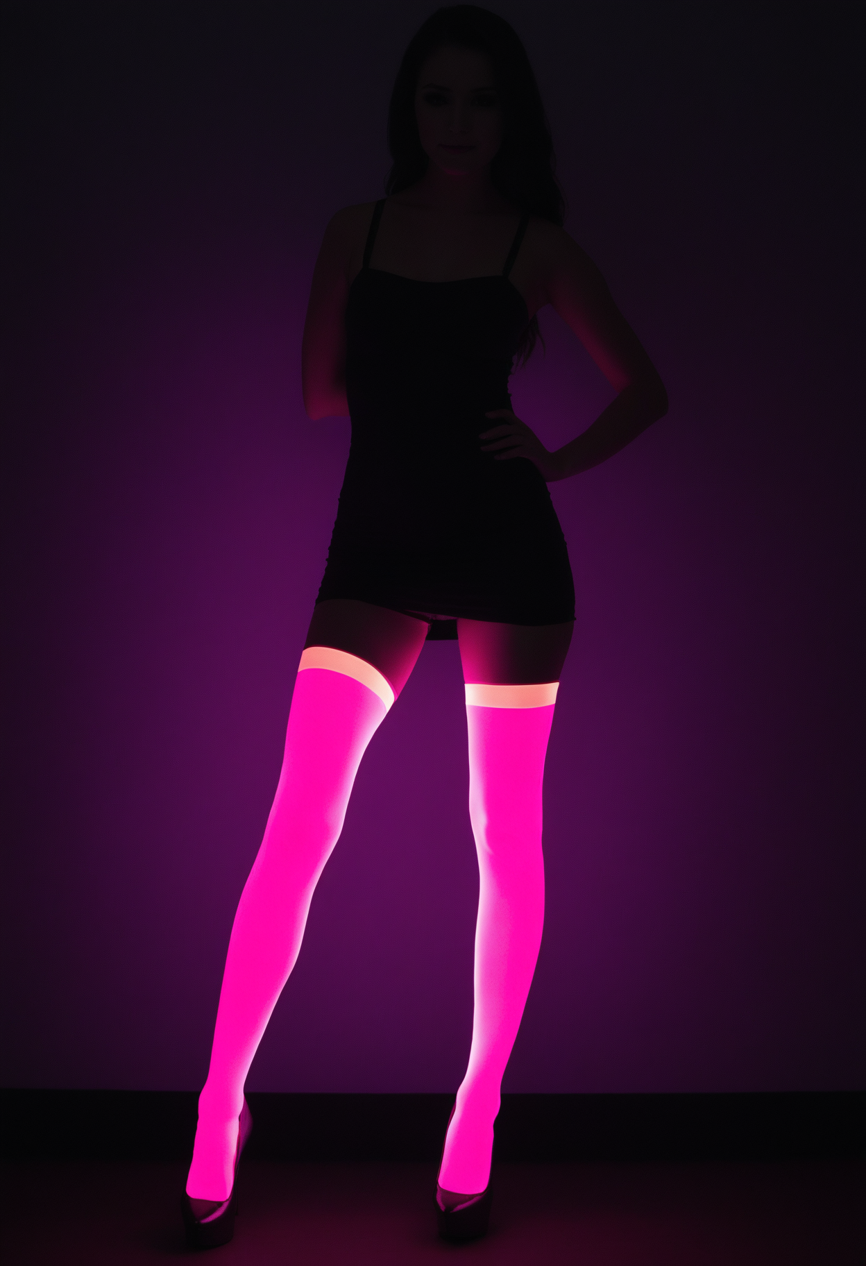 1girl, glowing neon thighhighs, <lora:neonthighlingeriesdxl:0.4>