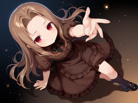 <lora:IL_Fleta:1>,1girl,solo,mb_fl,Fleta,red eyes,brown hair,forehead,goth_fashion,brown clothes,puffy short sleeves,bowtie,waist apron,kneehighs,mary janes,from above,light particles,looking at viewer,reaching towards viewer,crossed legs,, masterpiece,amazing quality,best quality,ultra-detailed,8K,illustration,CG,shiny hair,clear skin,ultra-detailed-eyes,ultra-detailed-background,