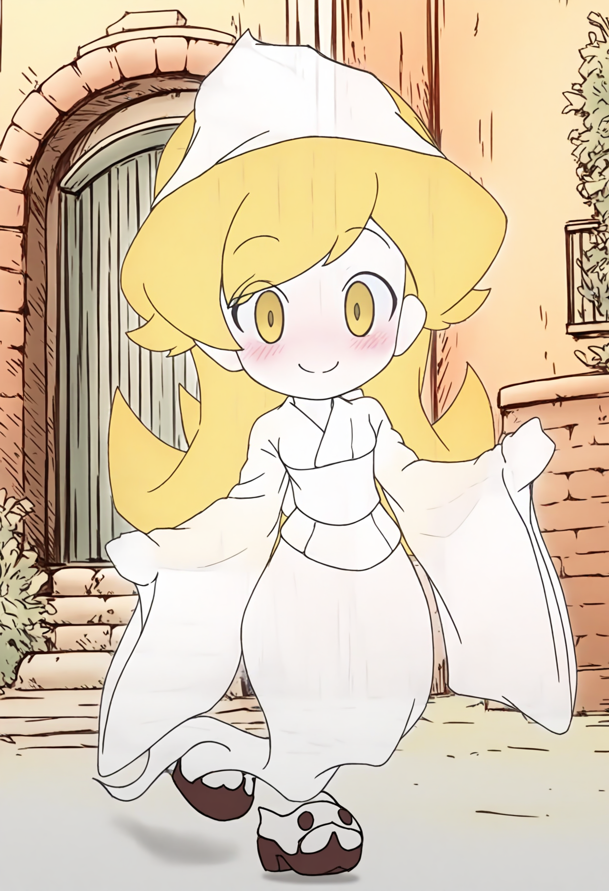 best hands, 5 fingers <lora:moses Female ghost_IL:1>looking at viewer, 
official art, 1girl, triangular headpiece, blonde long hair, white skin, ghost, no nose, no hands, small breasts, smile, yellow eyes, blush, oshino shinobu,
white kimono, right-over-left kimono, wide sleeves kimono, sash, ghost tail, See-through body, see-through clothes,
ghost tail, no_hands, 
outdoors, Dim Alley