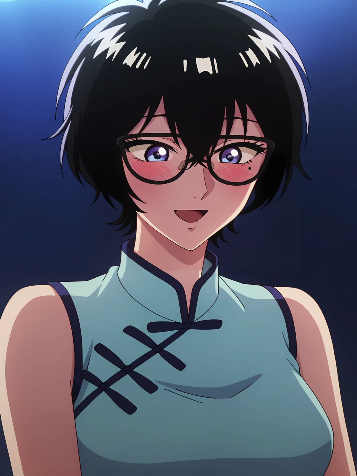 <lora:Reiko:0.8>, reiko, 1girl, solo, black short hair, blue eyes, mole under eye, round glasses, light blue chinese dress, sleeveless, happy, content, blushing, open mouth, sitting, portrait, looking down ahead, aquarium, low lighting