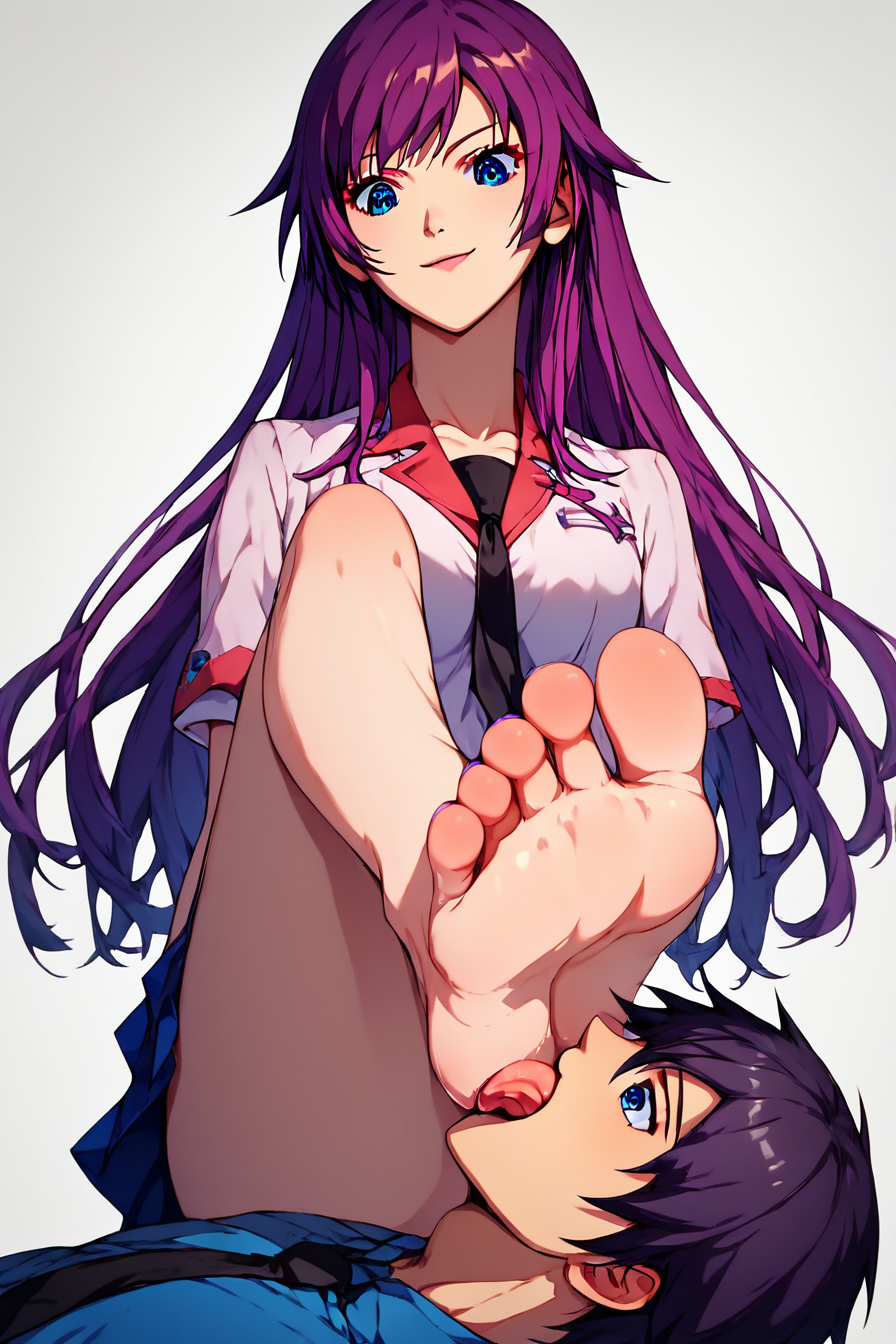 score_9, score_8_up, score_7_up, score_6_up, score_5_up, score_4_up, <lora:hitagi-senjougahara-anime-ponyxl-lora-nochekaiser:0.8> ,hitagi senjougahara, bangs, long hair, blue eyes, purple hair, skirt, school uniform, necktie, zettai ryouiki, naoetsu high school uniform,<lora:foot_worship_pony:0.8>, 1girl, 1boy, sitting, feet, barefoot, toenails, legs, licking foot, foot worship, femdom, feet, looking down, masterpiece, highres, highly detailed face, highly detailed shining eyes, symmetrical highly detailed eyes, white background, simple background