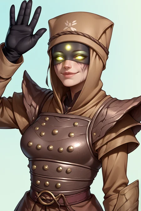 score_9, score_8_up, score_7_up, BREAK, 1girl, solo, breasts, <lora:erismorn-guy-PONYv1:1>, erismorn, glowing eyes, makeup, hat, armor, gloves, waving, light smile, upper body, portrait,