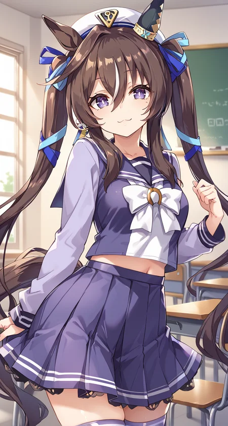 score_9,score_8_up,score_7_up,
official art,official style,game cg,megami magazine,
uncensored,
1girl,
vivlos (umamusume), viv school,
animal ears, hat, highres, horse ears, horse girl,
long hair, mole, mole under eye, ribbon,
school uniform, tracen school uniform,
twintails, violet eyes, brown hair, hair between eyes,
horse tail, multicolored hair,
pleated skirt,
long sleeves,
white bow, purple shirt, purple skirt,
purple sailor collar, shirt,
single ear cover, skirt, streaked hair, tail, purple serafuku, serafuku,
purple thighhighs, blue ribbon, hair ribbon, horseshoe ornament, sailor shirt,
standing,
<lora:umamusume_vivlos_pony_v1:1>,