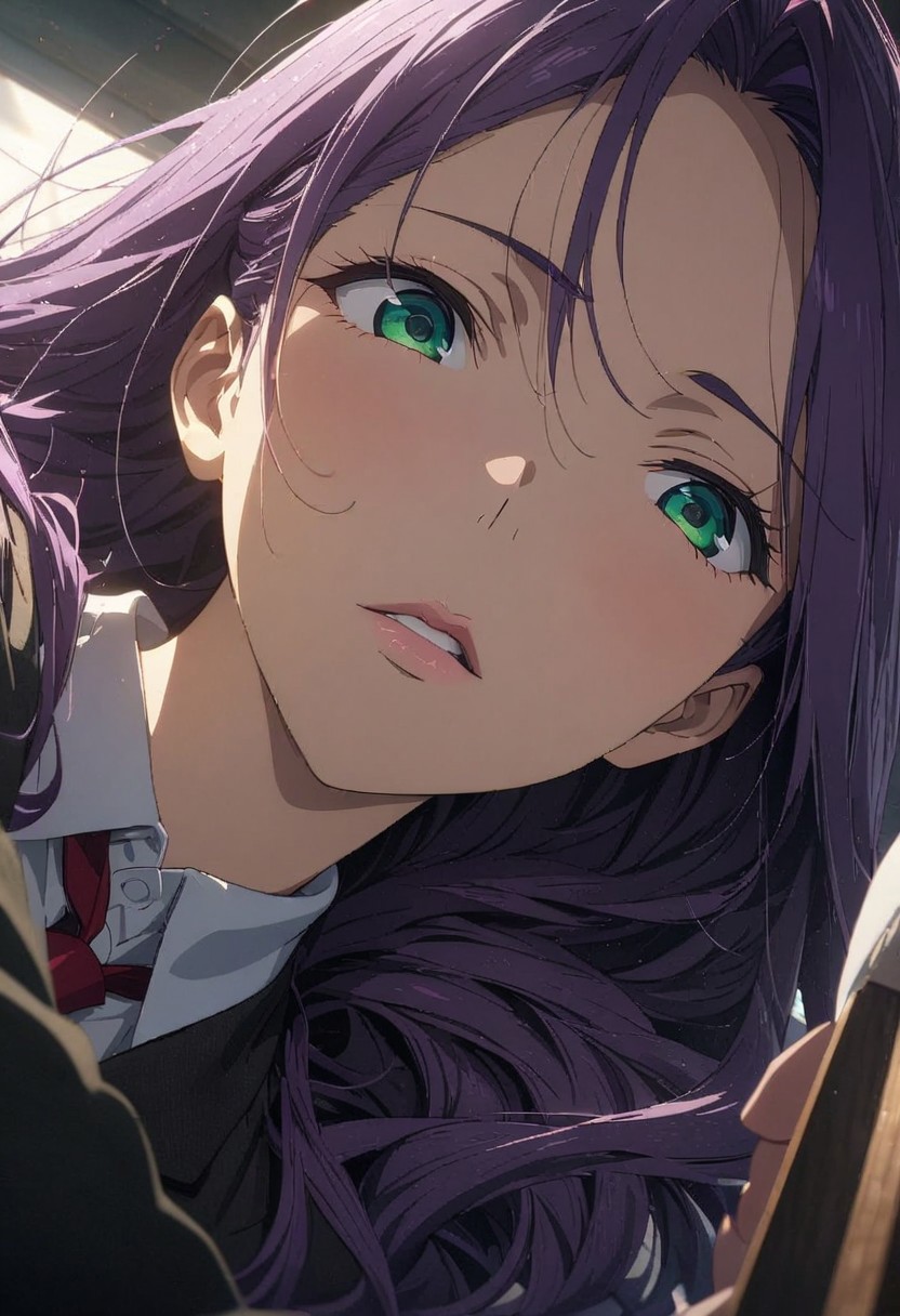 gorgeous lips, (masterpiece), (best quality), (ultra-detailed), very aesthetic, illustration, perfect composition, intricate details, absurdres, detailed face, (anime, masterpiece, intricate:1.3), (best quality, hires textures, high detail:1.2), (4k),(incredibly detailed:1.4) 
vibrant colors, female, masterpiece, sharp focus, best quality, depth of field, cinematic lighting, purple hair, very long hair, green eyes, black thighhighs, indoors, classroom, school uniform,