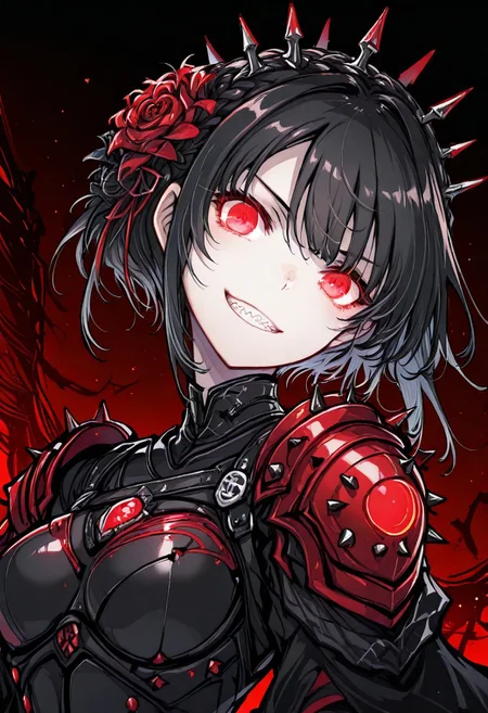 (1girl, solo, red glowing eyes, light armor, black hair, short hair, spiked crown, licoris flower, hunger grin, sharp teeth, crimson moon, french braid, gloves, black gloves, hair ornament, bloody theme), looking at viewer, luminescence, detailed, (gothic background, detailed background:1.3), dutch angle, close-up, dynamic composition, tokiame, #Hitoimim, ckym, in the style of ckym, flowing hair