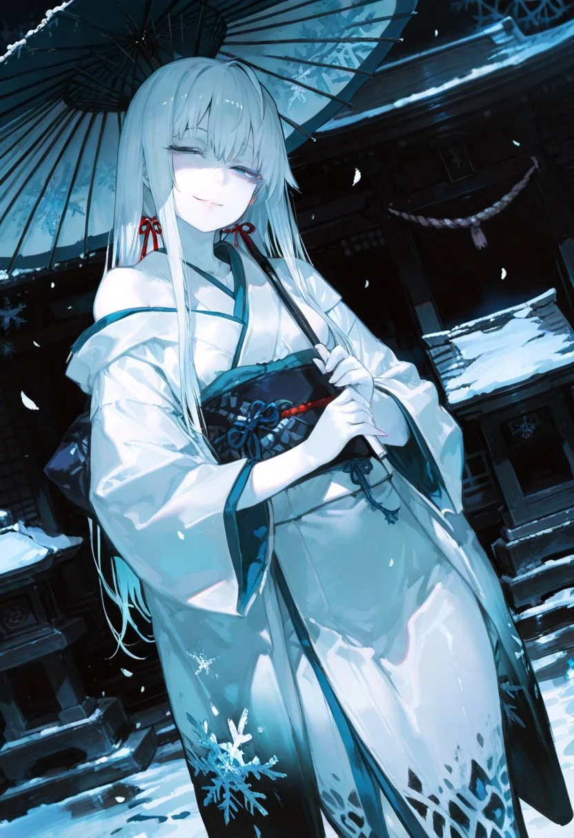 masterpiece, best quality, good quality, newest, highres, absurdres, volumetric lighting,gradient color,
BREAK
raytracing, volumetric lighting, ambient occlusion, girl, luminescent background, masterpiece, best quality, very awa, absurdres,
BREAK
Yukinoshita Yukino, Yuki-onna colored skin, (white skin:1.3), solo, long hair, white hair, blue eyes, luscious lips, model style,
evil eyes, evil, bullying, sinister,
BREAK
masterpiece,amazing quality,best quality,ultra-detailed,8K,illustration,CG,shiny hair,clear skin,ultra-detailed-eyes,simple background,cute girl, eyelashes
BREAK,
long kimono, outdoors, shrine, night, moonlight, dutch angle, dark theme, high contrast, holding umbrella, snowflakes, snow, bare shoulder, looking at viewer, petals falling, , smile, half-closed eyes, sash,