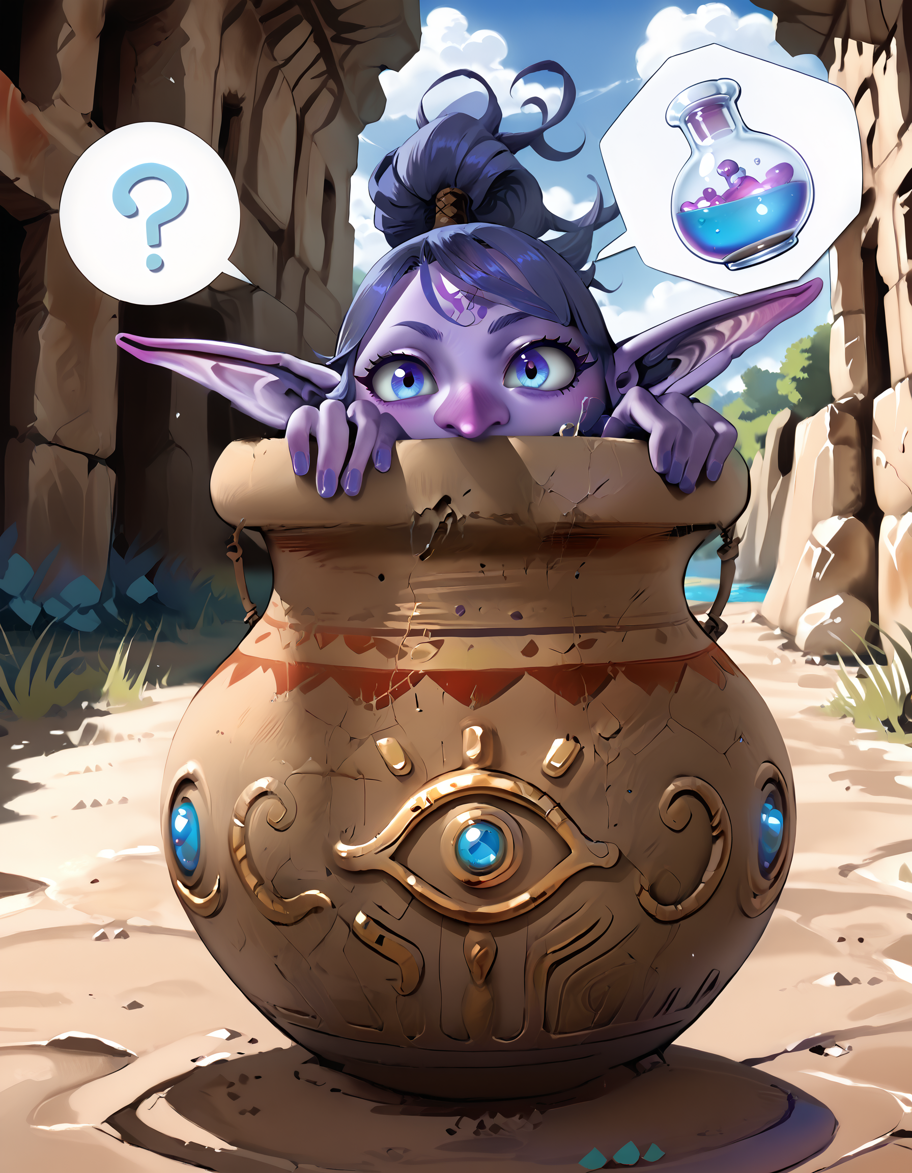 zPDXL3,masterpiece,extreme detailed,full_body,outdoors,dungeon,<lora:Pony_DetailV2.0:1>,day,
BREAK magicpot,no humans,pointy ears,colored skin,<lora:magicpot-pony:1>,speech bubble,round-bottom flask,?,