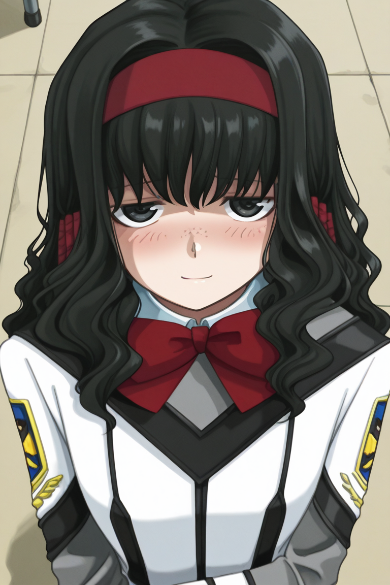 masterpiece, best quality, source_anime,official art,perfect_anatomy,1girl,Moe_Ishizu,black hair,black_eyes,Freckles,long hair,hairband,school_uniform,long_sleeves,(beautiful detailed face,looking_up_at_viewer,blush.shy,smile),upper_body,day,from above,blue_sky,cloud