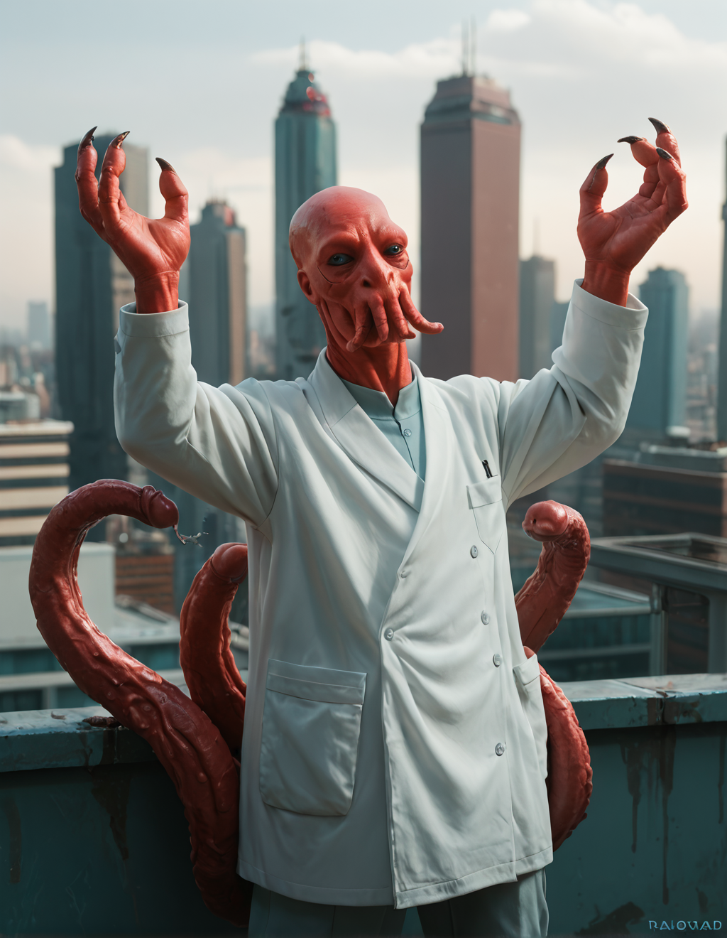 score_9, score_8_up, score_7_up, 
z01db3rg,  alien, 
lab coat, tentacles, outdoors, cyberpunk, cityscape, rooftop, hands raised, claws
<lora:zoidberg-Pony-v4:1>