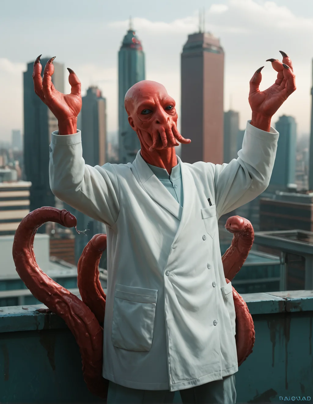 score_9, score_8_up, score_7_up, 
z01db3rg,  alien, 
lab coat, tentacles, outdoors, cyberpunk, cityscape, rooftop, hands raised, claws
<lora:zoidberg-Pony-v4:1>