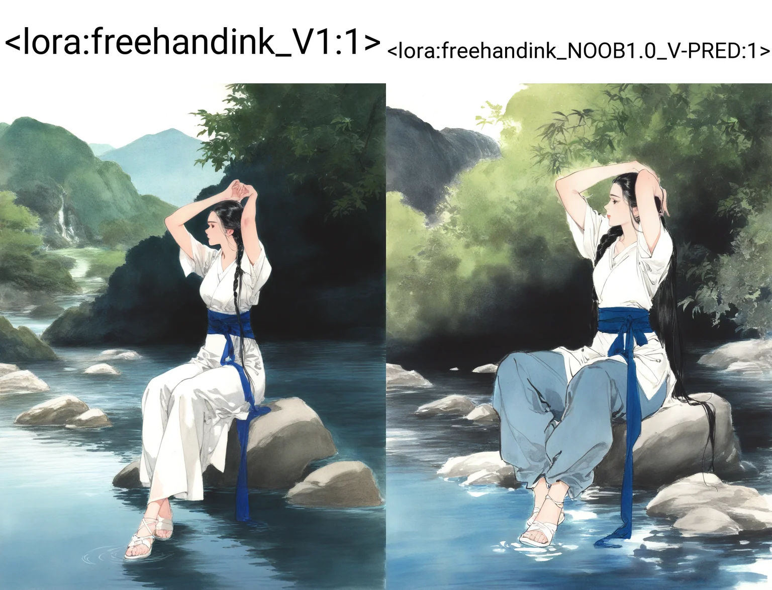 1girl, solo, long hair, river, black hair, long hair, sitting, full body, braid, short sleeves, pants, arms up, sash, profile, white footwear, sandals, invisible chair, traditional media, partially submerged,
masterpiece, absurdres,
<lora:freehandink_V1:1>