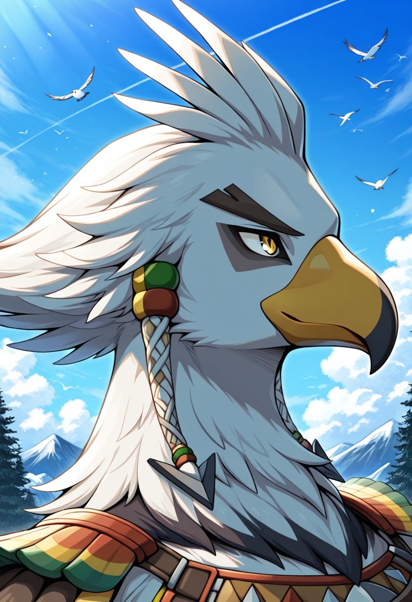 best quality, newest, absurdres, highres, Anthro,bird,Teba,yellow eyes,white fur,beak,face focus,outdoors