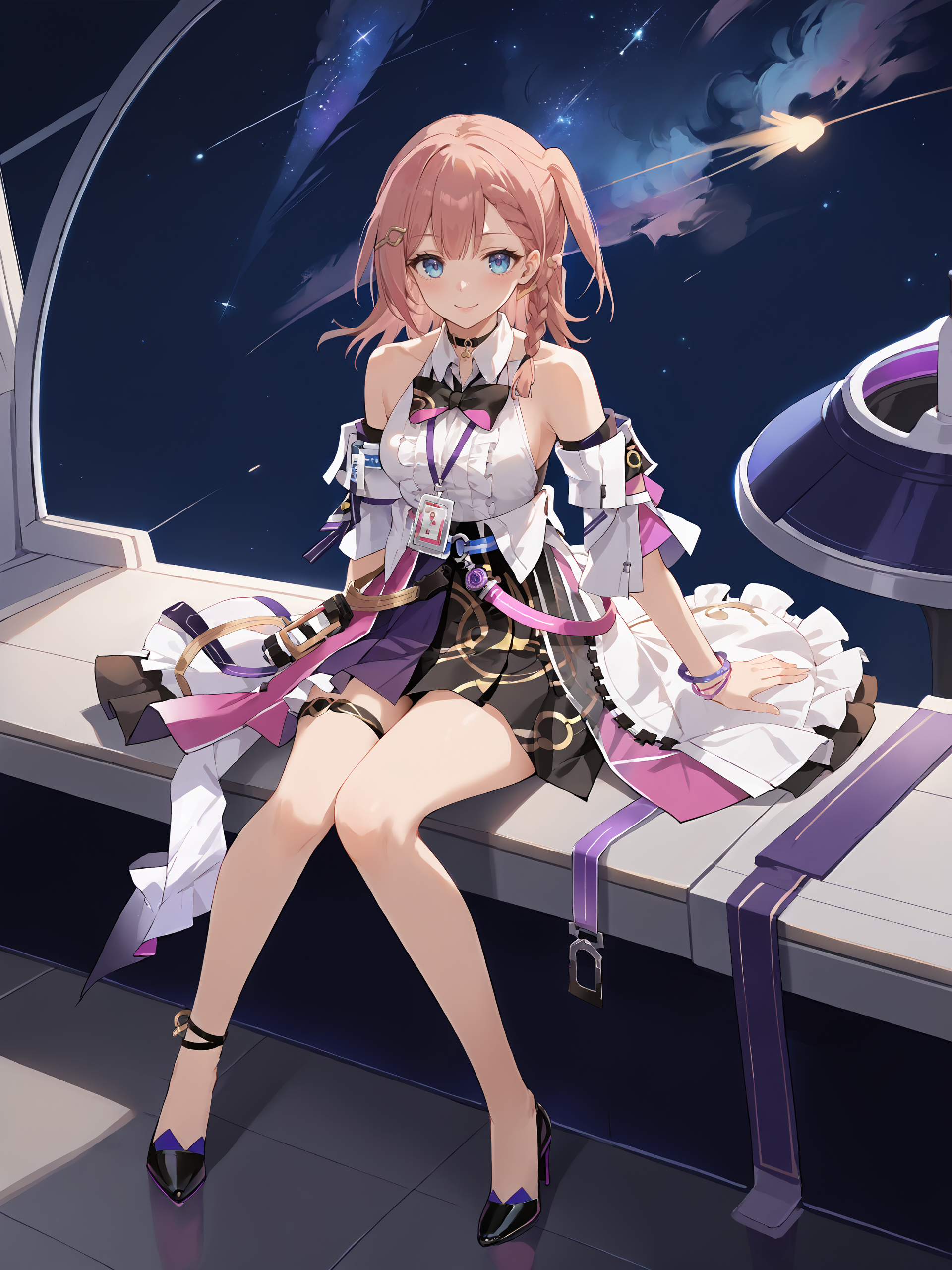 score_9, score_8_up, score_7_up, source_anime, 1girl, asta \(honkai: star rail\), detached sleeves, sleeveless shirt, id card, high heels, high-waist skirt, overskirt, anklet, thigh strap, bracelet, hairpin, belt, bowtie, choker, looking at viewer, starry sky, shooting star, light smile, full body, sitting, wariza  <lora:Char-HonkaiSR-Asta-Pony-V1:1>