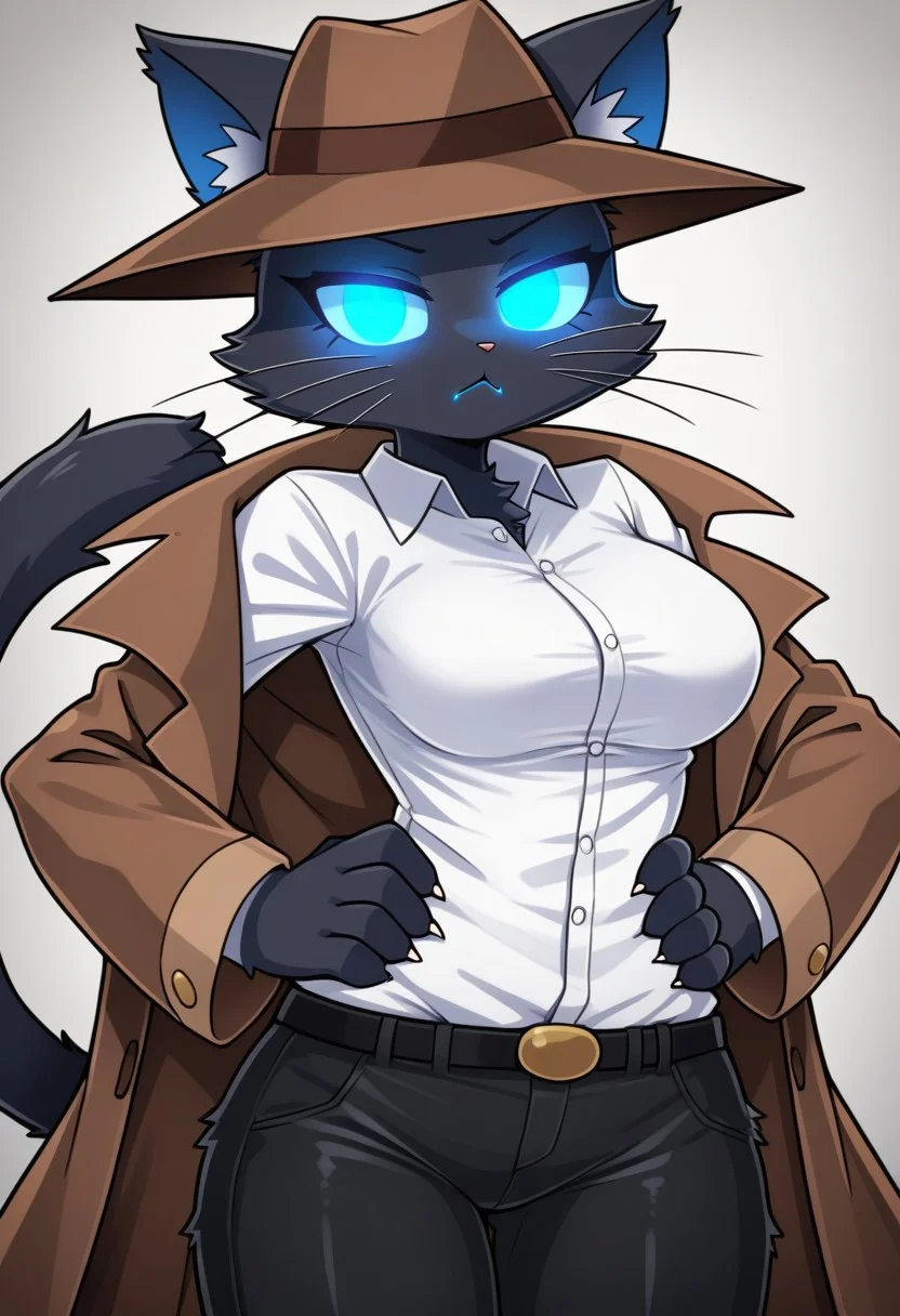 noxseban, furry, (black fur, colored fur:1.6), (((blue eyes, simple eyes, no pupils, glowing eyes, catgirl, blue mouth, annoying))), ((brown detective hat, long brown coat, open coat, white shirt, black pants, hands on hips)), (big breasts:0.8), medium breasts, (looking at viewer), half closed eyes, blue ears, closed mouth, (angry:0.4)