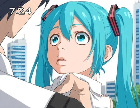 <lora:HyLper-Accelerate-PAseer:1><lora:Fixhands_anime_bdsqlsz_V1:1>score_9, score_8_up, score_7_up, uncensored, source_anime, intricate details, perfect anatomy BREAK
1boy, 1girl, hatsune miku, aqua hair, aqua eyes, twintails, 
nijiuraseven, outdoors, city,
<lora:nijiuraseven_XL(pony)fix:1>