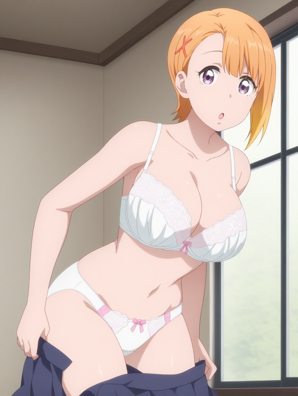 masterpiece, best quality, amazing quality, detailed, anime coloring, <lora:HanaYurikaw_LW:0.8> HanaYurikaw_LW, anime screenshot, short hair, hair ornament, purple eyes, hairclip, orange hair, blonde hair, multicolored hair, 1girl, solo, mature female, 
underwear, breasts, bra, panties, navel, cleavage, large breasts, bow, white bra, white panties, undressing, bow panties, bow bra, bedroom, window, indoors, \:o, looking at viewer, thighs, cowboy shot, posing, pleated skirt, blue skirt