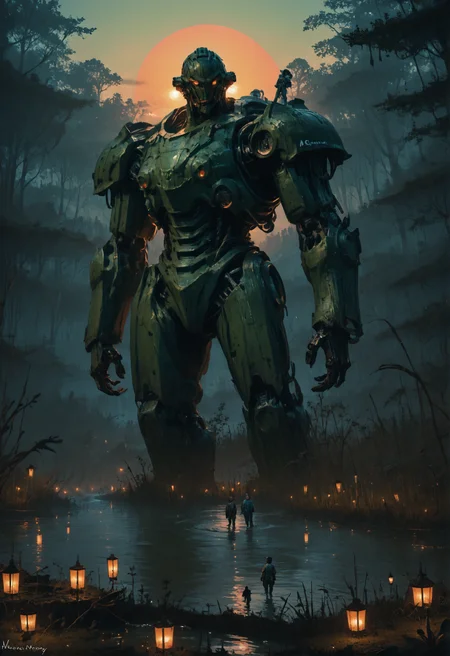 score_9, score_8_up, score_7_up, <lora:MechaForge-000003:1> m3chaf0rge, giant, giant mech, mecha, bipedal mech, science fiction, sunset, full body, legs, swamp, wetland, people,