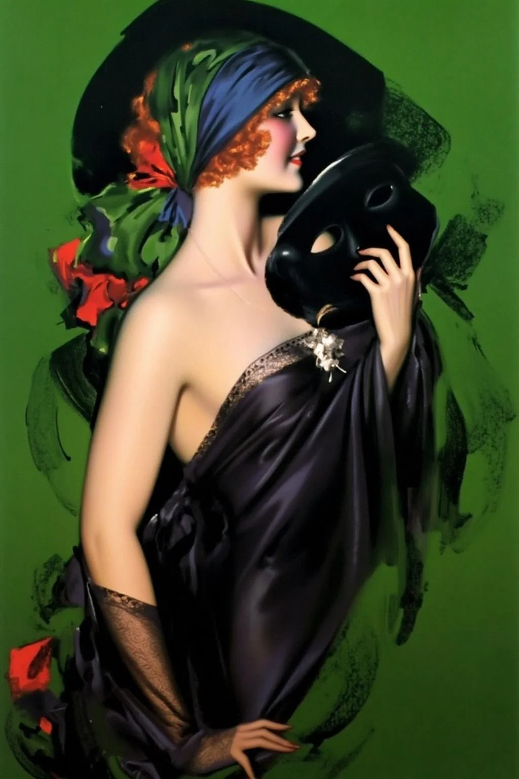 rolfarmstrong1 illustration.
A woman dressed in a flowing, dark-colored garment with lace details. Her face is shown in side profile. She is holding a black opera mask in her hand. The background is a vibrant green with abstract, swirling brushstrokes. Her red hair is styled in loose curls, and she is wearing a headscarf that is predominantly blue with red accents. <lora:rolfarmstrong1_cap_d8a4:1.0><lora:862549494821053824:0>