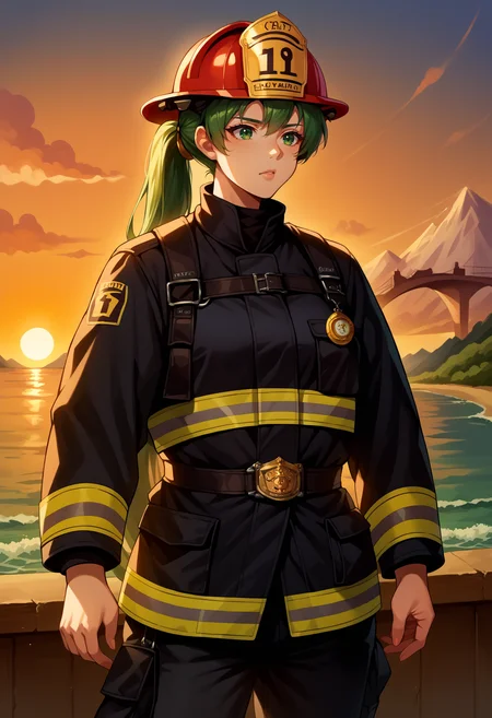 score_9, score_8_up,score_7_up, source_anime, 1girl, solo, <lora:EPfeLynPony_epoch_7:1.0>, EPfeLyn, green hair, green eyes, long hair, high ponytail, jewelry, large breasts, background, cowboy shot, EPFireFighter, <lora:EPFireFighterPony:1.0>, wearing EPFireFighter, jacket, black jacket, pants, black pants, harness, helmet, red headwear,sunset, bridge, ocean, water, building, mountainous horizon,
