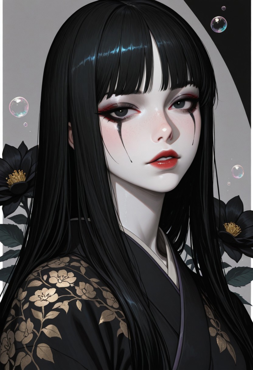 black background,simple background,Volumetric Lighting,looking at the viewer,glowing,1girl,black hair,bubble,black eyes,solo,makeup,hime haircut,long hair,paleskin,colored skin,white skin,japanese clothes,kimono,eyeshadow,black hair,flower,black kimono,streaked hair,upper body,parted lips,grey background,black flower,black eyeliner,white border, masterpiece,best quality,amazing quality,high quality, newest, highres,8K,HDR,absurdres,vibrant colors,Volumetric lighting,cinematic,
<lora:iLLMythM4gicalL1nes:0.4>,m4gicall1nes,<lora:Sinozick_style:0.4>,sinozick_illu,zPDXL2,