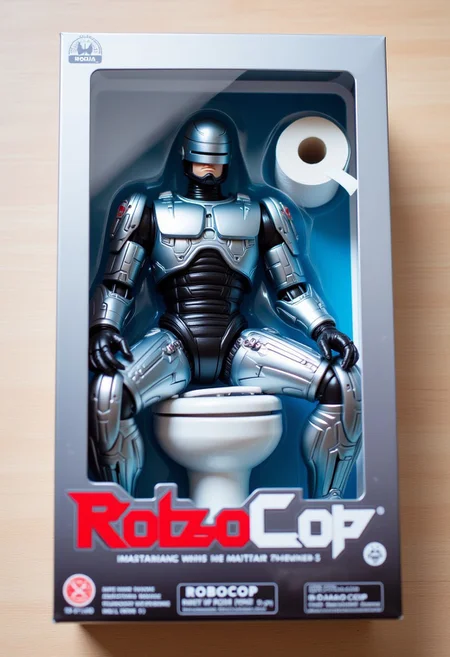 The image is a photograph of a packaging box for the action figure of RoboCop, a character from the 1987 film of the same name. The box is made of cardboard and has a metallic silver and blue color scheme, with a futuristic, high-tech aesthetic. The box is laid flat on a light wooden surface, showcasing the figure prominently in the center. RoboCop, a towering figure, sits on a toilet in a heroic pose, dressed in his signature armor. Toilet paper is an included accessory.