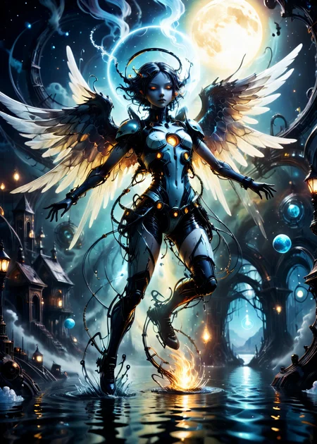 liquid distortion pale psychedelic grotesque floating biopunk angel in a eerie scenery at evening, dissolving into dust, highly detailed, dark Yellow backlight glow <lora:battleaxev2:1.2>