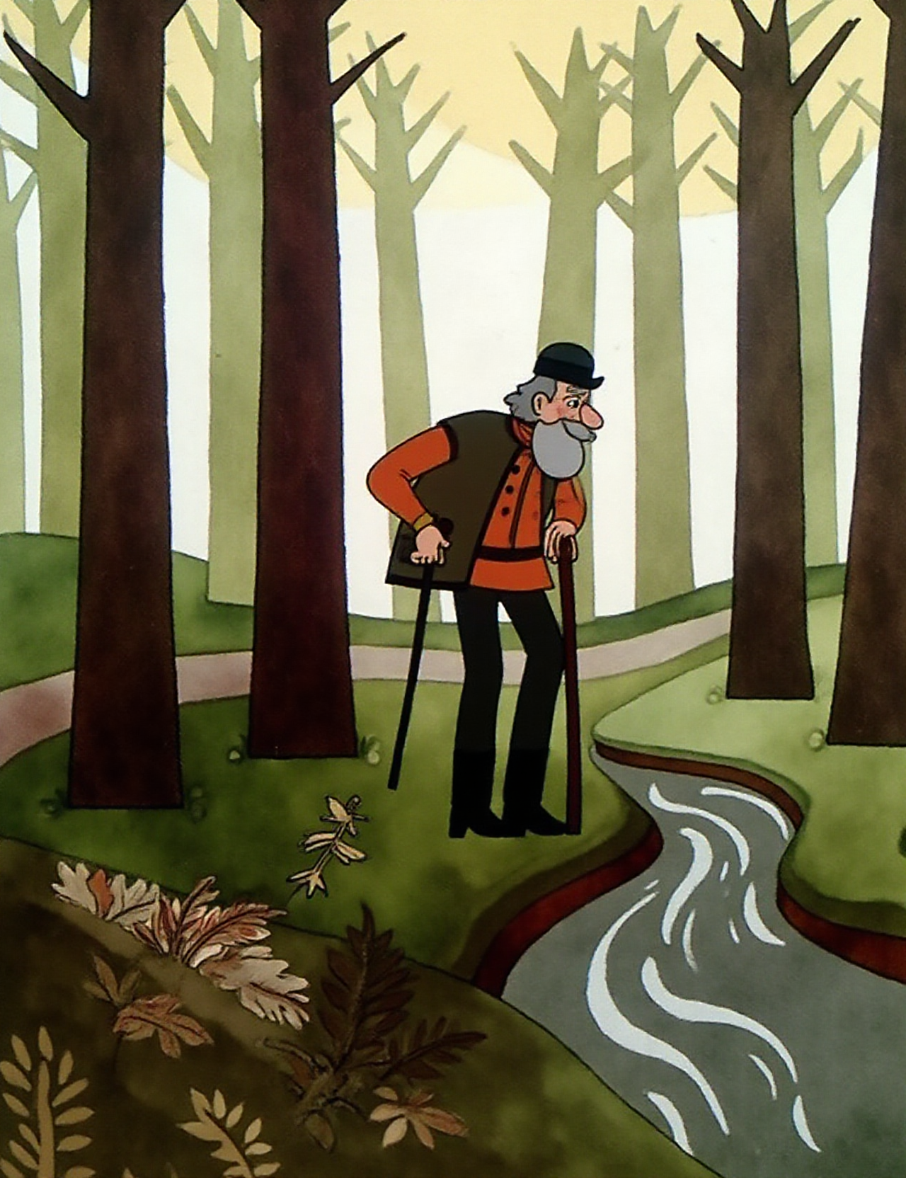 Folk tale in the style of hunfolstyle. An old man with a weathered face and a long gray beard walks through a quiet forest, leaning on a wooden walking stick. The soft light filters through the trees, and the ground is covered with moss and fallen leaves. He pauses by a small stream, gazing thoughtfully at the flowing water. 
