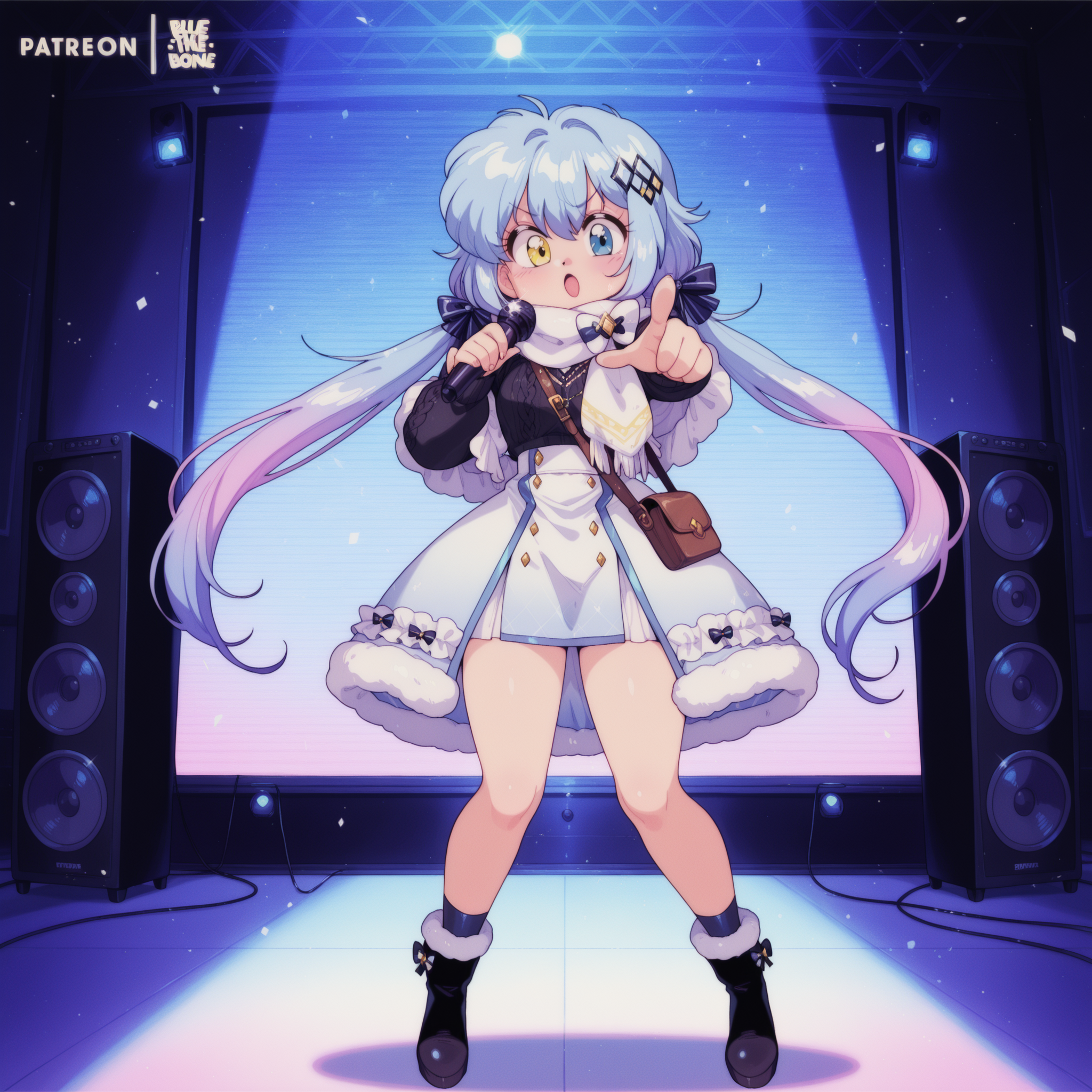 retro artstyle, <lora:[illuXL] bluethebone Style (THEANTLERS):0.8> bluethebone, <lora:[illuXL] SPP-1 (SomeSloppyBoi):0.7> SPP-1GFL, long hair, blue hair, low twintails, pink gradient hair, blue eyes, heterochromia, yellow eye, hair ribbons, diamond hair ornament, white frilled shawl, white scarf, black sweater, long sleeves, white-blue overskirt, fur-trimmed overskirt, gradient miniskirt, black ankle boots, fur-trimmed boots, brown satchel, holding microphone, pointing at viewer, scanlines overlay, scanlines filter, yellow timestamp in corner, stage, speakers,